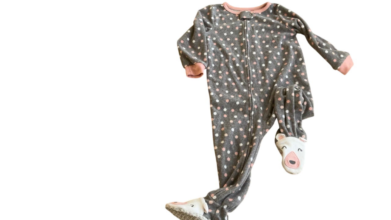 Carter's Footies 2T Gray with pink and white polka dots